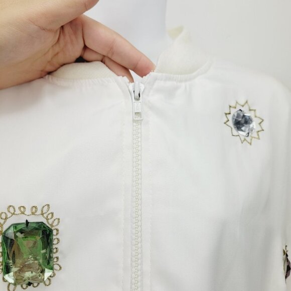 Minimalist Neutral White pearl embellished Embroidered Zip Up Jacket size M - Picture 13 of 15